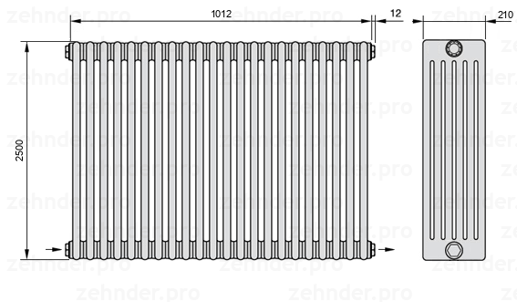 Схема (чертеж) Радиатор Zehnder Charleston 6250/22 №2670 Белый глянцевый RAL 9016